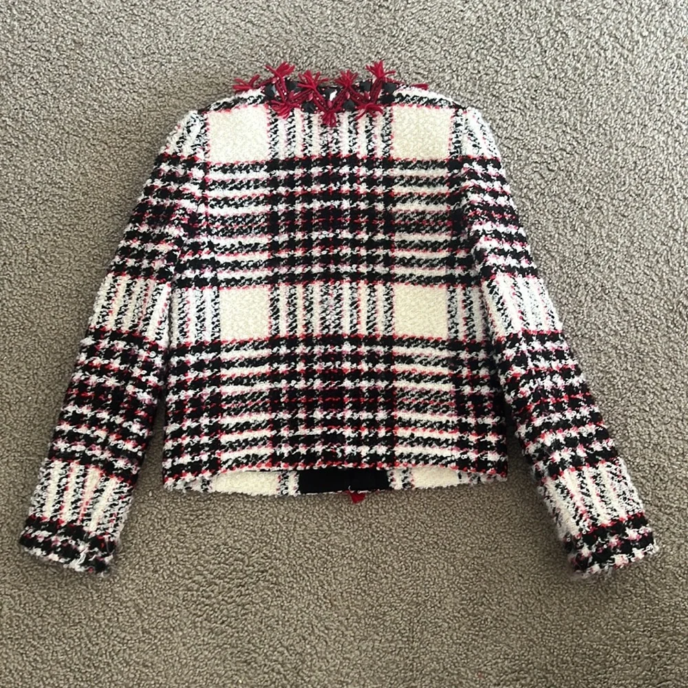 TORY‎ BURCH Embroidered Crystal Buttons Tweed Jacket In White